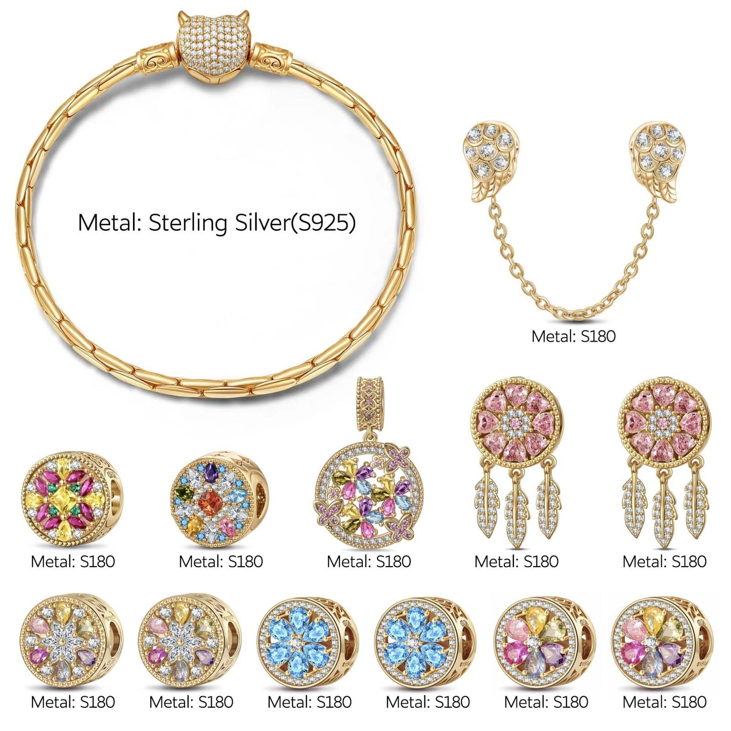 Sterling Silver Opulent Sparkle Charms Bracelet Set With Enamel In 14K Gold Plated (Includes bracelet and all charms shown)