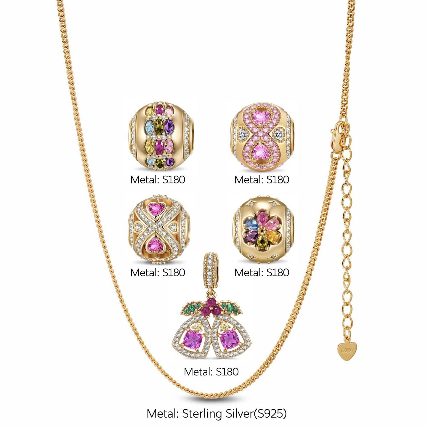 Sterling Silver Opulent Sparkle Charms Necklace Set In 14K Gold Plated