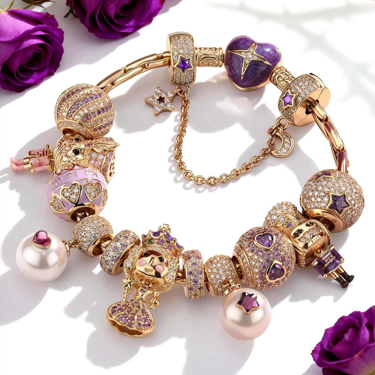 Sterling Silver Lifelong Links Charms Bracelet Set With Enamel In 14K Gold Plated - Handcrafted with Swarovski® Crystals (Includes bracelet and all charms shown)