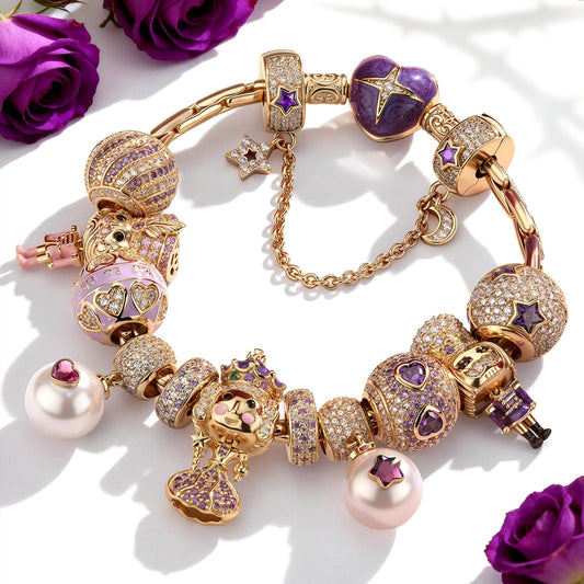 gona- Sterling Silver Lifelong Links Charms Bracelet Set With Enamel In 14K Gold Plated - Handcrafted with Swarovski® Crystals (Includes bracelet and all charms shown)