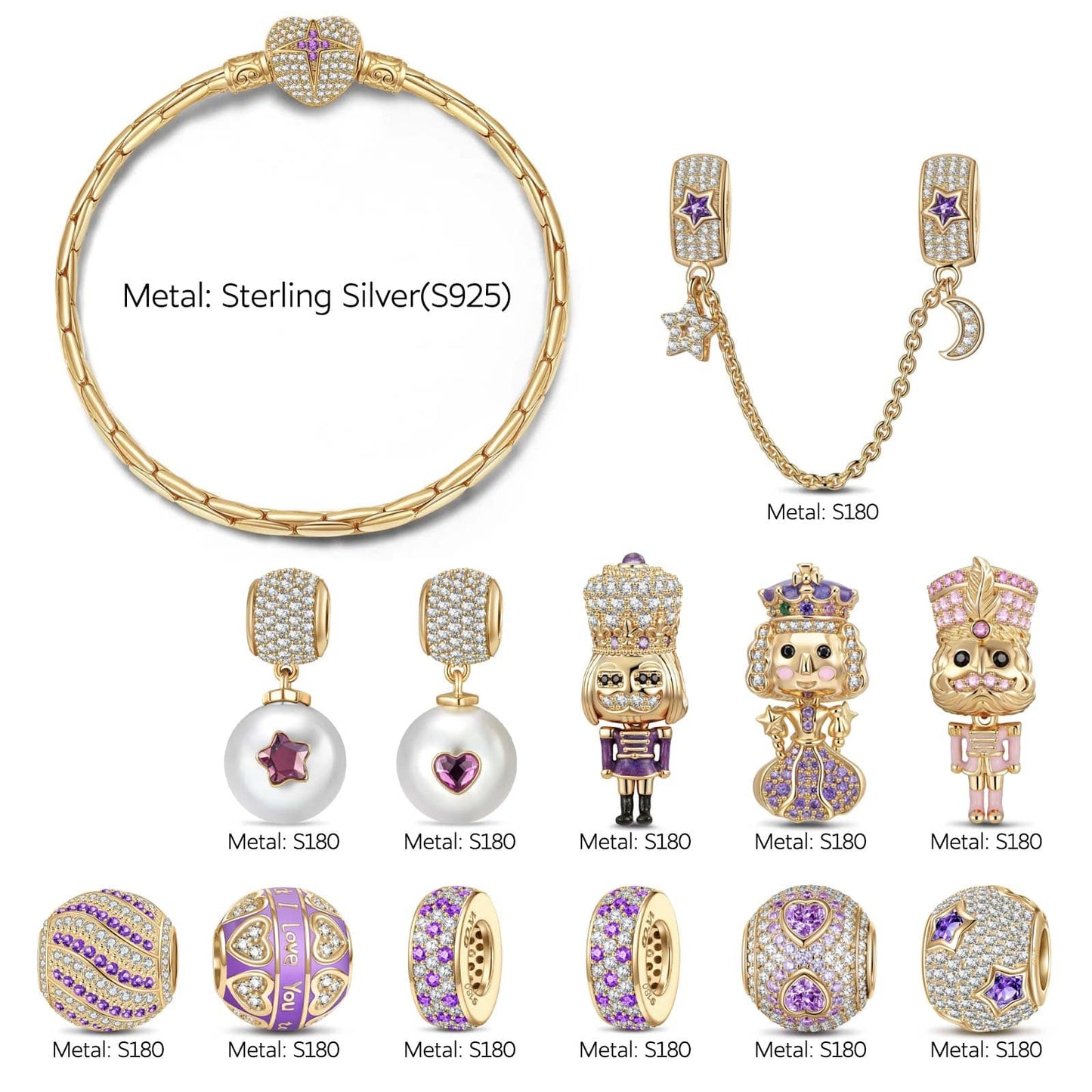 Sterling Silver Lifelong Links Charms Bracelet Set With Enamel In 14K Gold Plated - Handcrafted with Swarovski® Crystals (Includes bracelet and all charms shown)