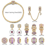 Sterling Silver Lifelong Links Charms Bracelet Set With Enamel In 14K Gold Plated - Handcrafted with Swarovski® Crystals (Includes bracelet and all charms shown)