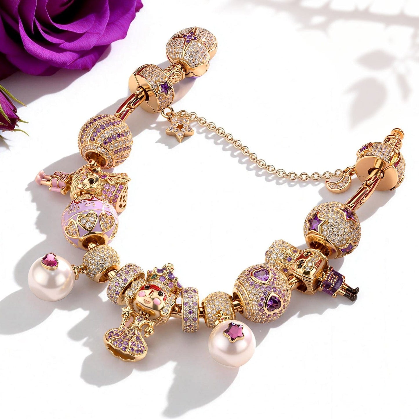 Sterling Silver Lifelong Links Charms Bracelet Set With Enamel In 14K Gold Plated - Handcrafted with Swarovski® Crystals (Includes bracelet and all charms shown)