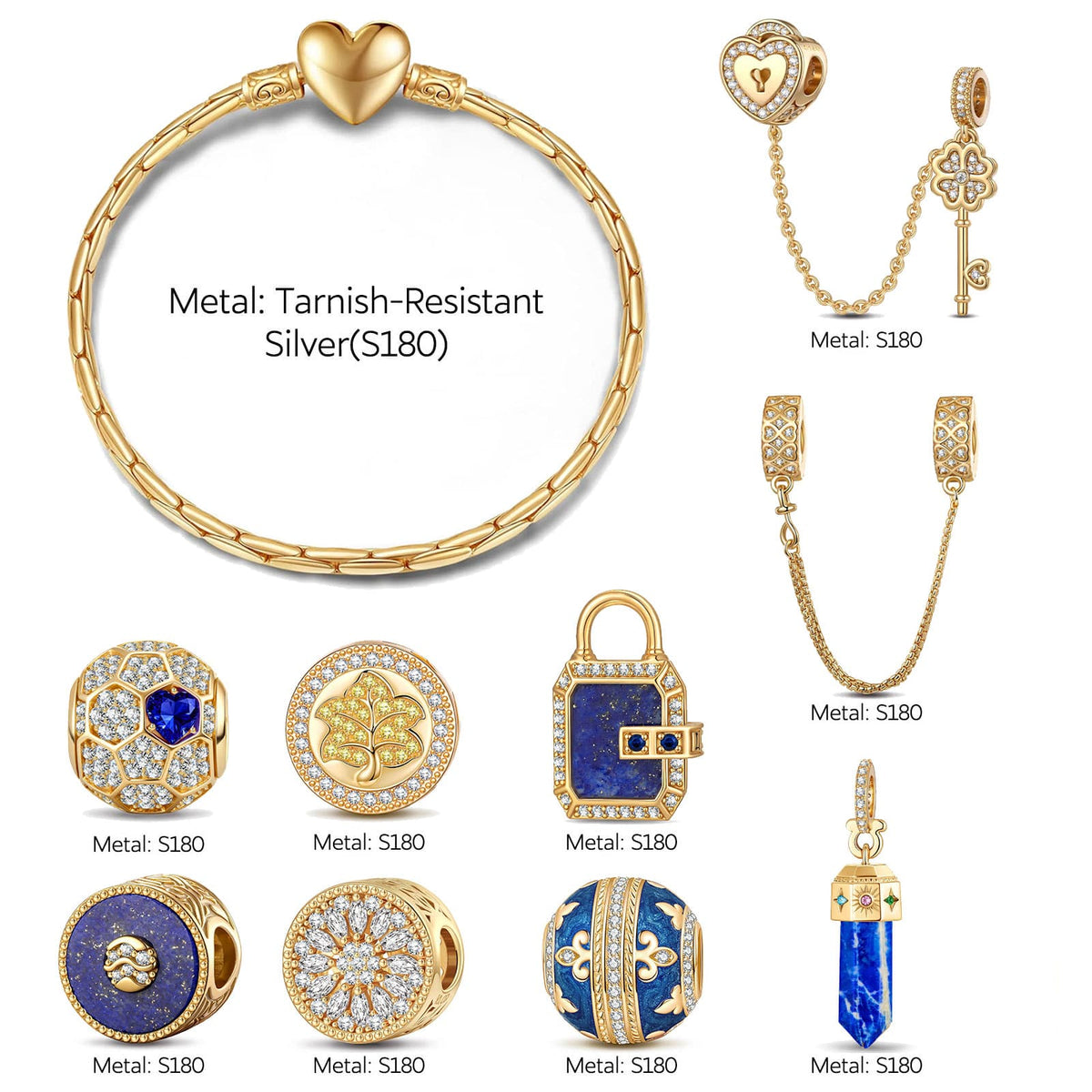 Sterling Silver Enchanted Treasure Curated Charm Bracelet Set with 14K Gold Plating (Includes Bracelet And All Charms Shown)