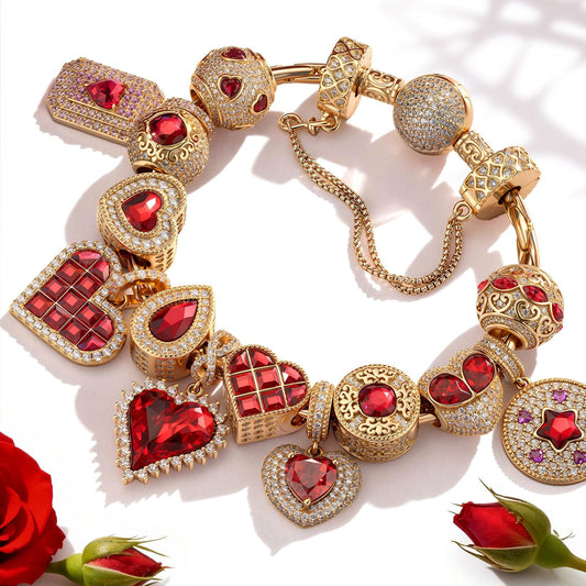 gona- Sterling Silver Passion's Embrace Charms Bracelet Set In 14K Gold Plated - Handcrafted with Swarovski® Crystals (Includes bracelet and all charms shown)