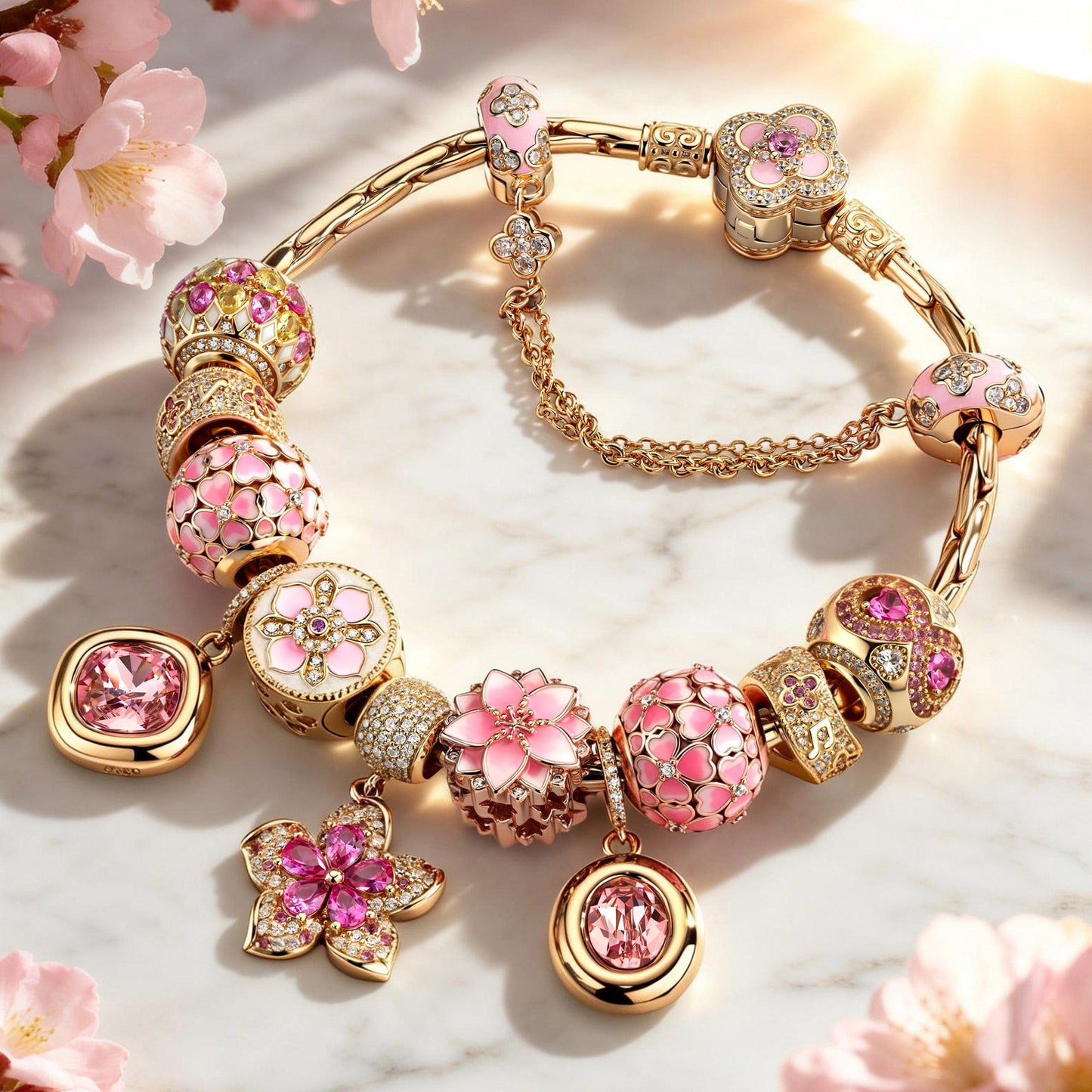 Sterling Silver Cherry Blossom Love Story Charms Bracelet Set In 14K Gold Plated (Includes bracelet and all charms shown)