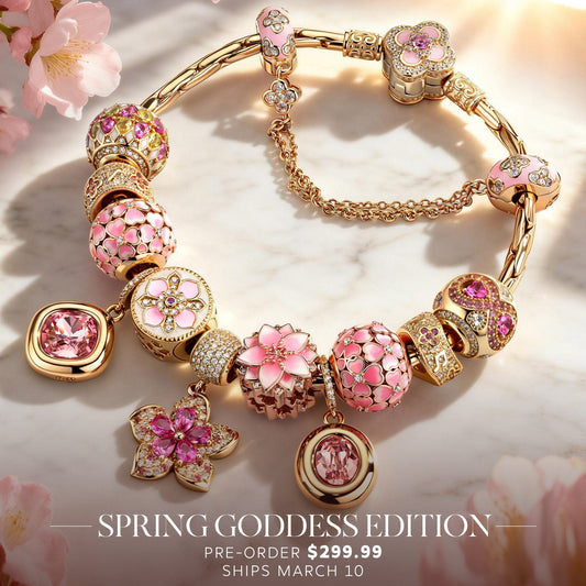 gona- Sterling Silver Cherry Blossom Love Story Charms Bracelet Set In 14K Gold Plated (Includes bracelet and all charms shown)