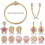 Sterling Silver Cherry Blossom Love Story Charms Bracelet Set In 14K Gold Plated (Includes bracelet and all charms shown)