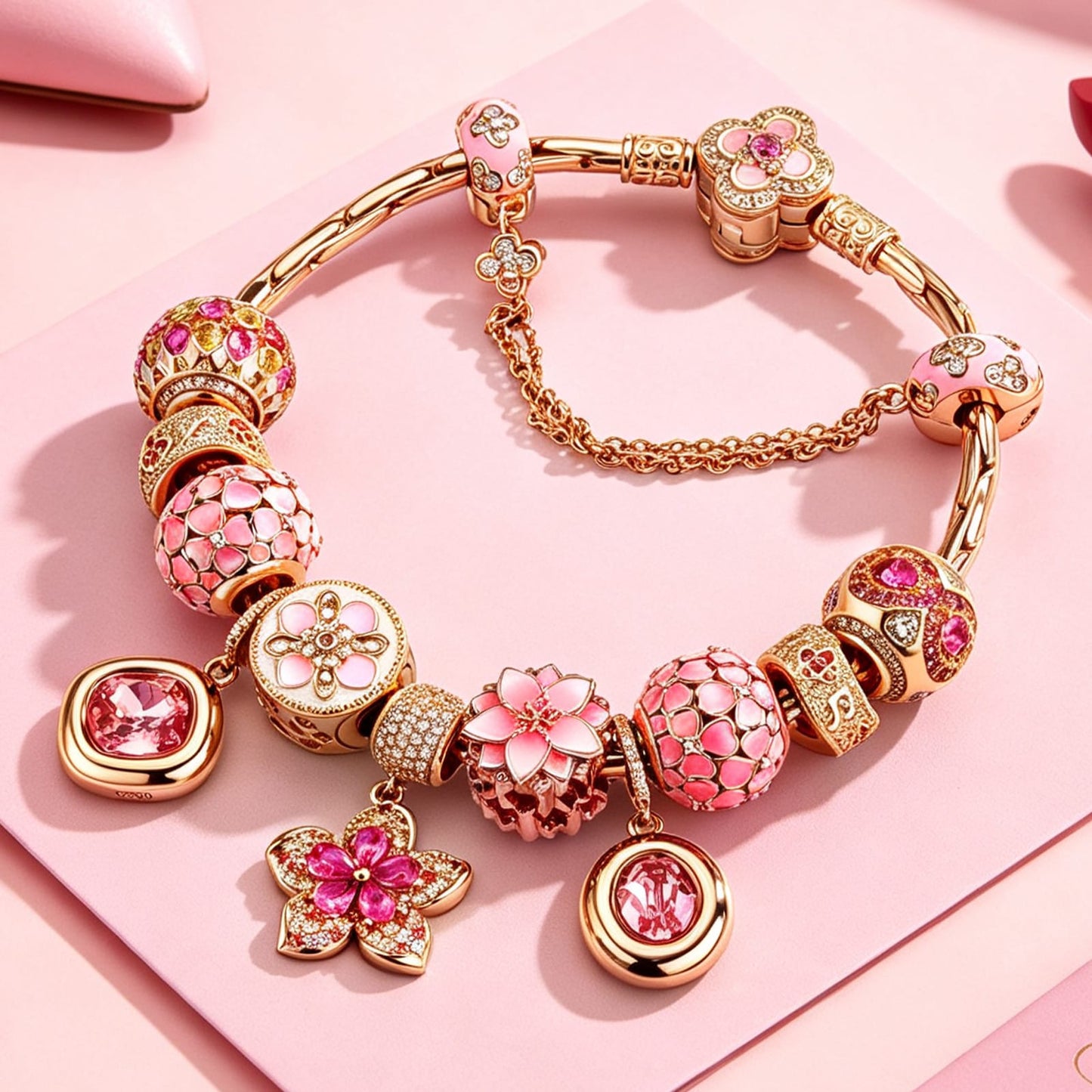 Sterling Silver Cherry Blossom Love Story Charms Bracelet Set In 14K Gold Plated (Includes bracelet and all charms shown)