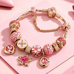 Sterling Silver Cherry Blossom Love Story Charms Bracelet Set In 14K Gold Plated (Includes bracelet and all charms shown)