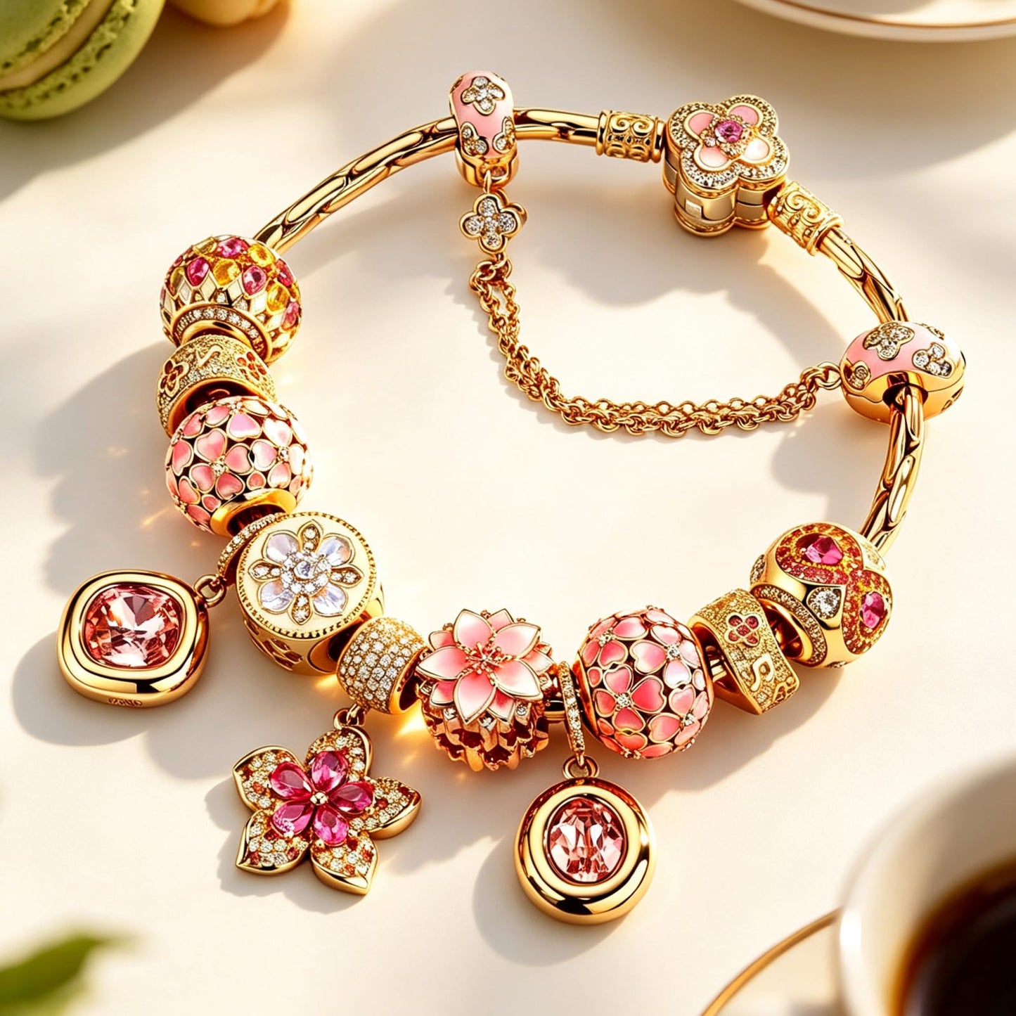 Sterling Silver Cherry Blossom Love Story Charms Bracelet Set In 14K Gold Plated (Includes bracelet and all charms shown)