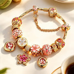 Sterling Silver Cherry Blossom Love Story Charms Bracelet Set In 14K Gold Plated (Includes bracelet and all charms shown)