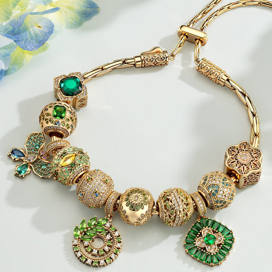 gona- Spring Vibe Adjustable Tarnish-Resistant Silver Charms Bracelet Set In 14K Gold Plated (Includes bracelet and all charms shown)