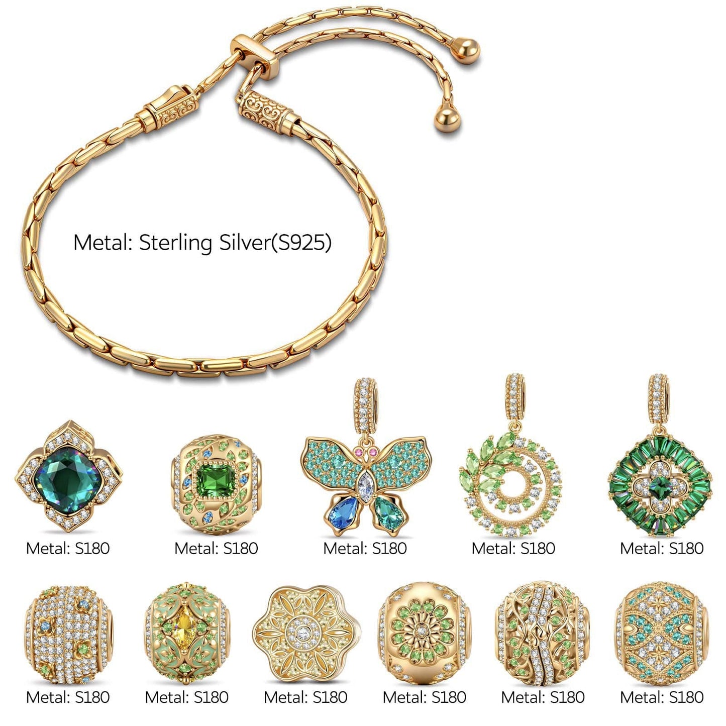 Sterling Silver Spring Vibe Adjustable Charms Bracelet Set In 14K Gold Plated (Includes bracelet and all charms shown)