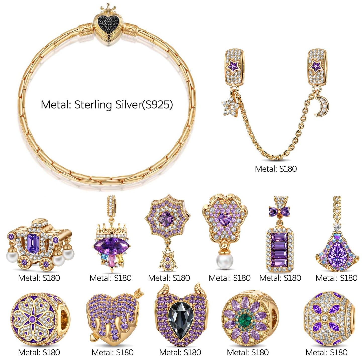 Sterling Silver Regal Violet Chateau Princess Charms Bracelet Set In 14K Gold Plated (Includes bracelet and all charms shown)