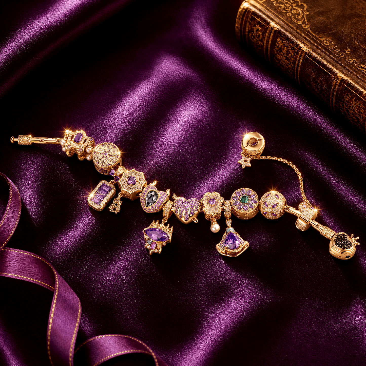 Sterling Silver Regal Violet Chateau Princess Charms Bracelet Set In 14K Gold Plated (Includes bracelet and all charms shown)