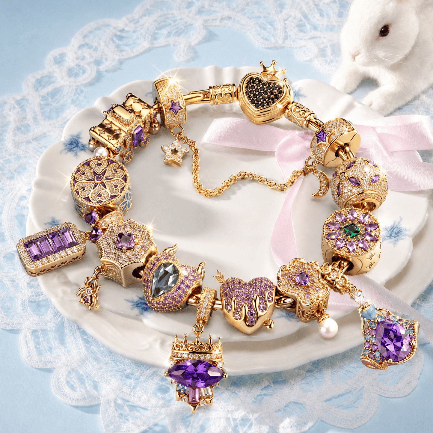 Sterling Silver Regal Violet Chateau Princess Charms Bracelet Set In 14K Gold Plated (Includes bracelet and all charms shown)