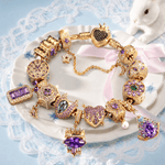 Sterling Silver Regal Violet Chateau Princess Charms Bracelet Set In 14K Gold Plated (Includes bracelet and all charms shown)