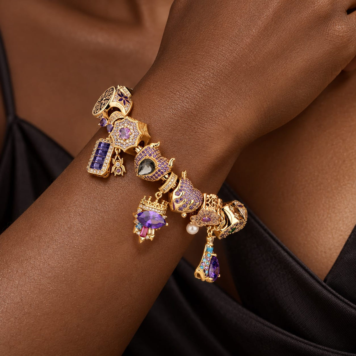 Sterling Silver Regal Violet Chateau Princess Charms Bracelet Set In 14K Gold Plated (Includes bracelet and all charms shown)
