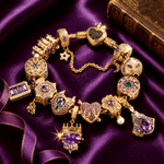 Sterling Silver Regal Violet Chateau Princess Charms Bracelet Set In 14K Gold Plated (Includes bracelet and all charms shown)