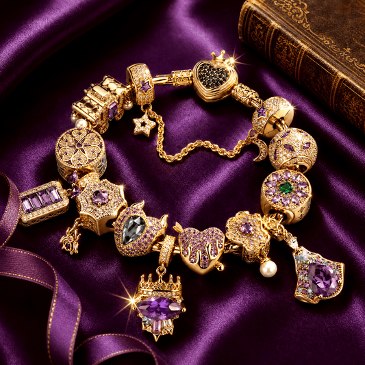 gona- Sterling Silver Regal Violet Chateau Princess Charms Bracelet Set In 14K Gold Plated (Includes bracelet and all charms shown)