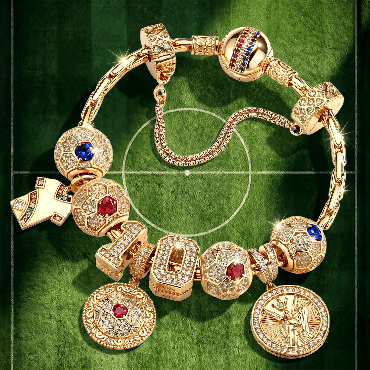 2026 Global Soccer Championship Custom 2-Digit Number Deluxe Full Assorted Themed Charm Bracelet Set in Tarnish-Resistant Silver with 14K Gold Plating (Includes Bracelet And All Charms Shown)