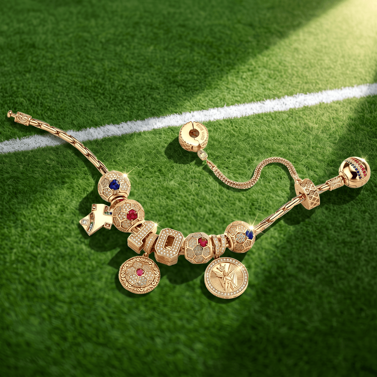 2026 Global Soccer Championship Custom 2-Digit Number Deluxe Full Assorted Themed Charm Bracelet Set in Tarnish-Resistant Silver with 14K Gold Plating (Includes Bracelet And All Charms Shown)