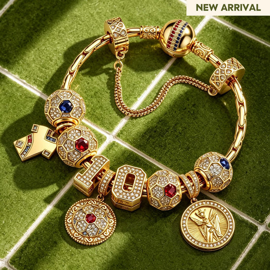 gona- 2026 Global Soccer Championship Custom 2-Digit Number Deluxe Full Assorted Themed Charm Bracelet Set in Tarnish-Resistant Silver with 14K Gold Plating (Includes Bracelet And All Charms Shown)