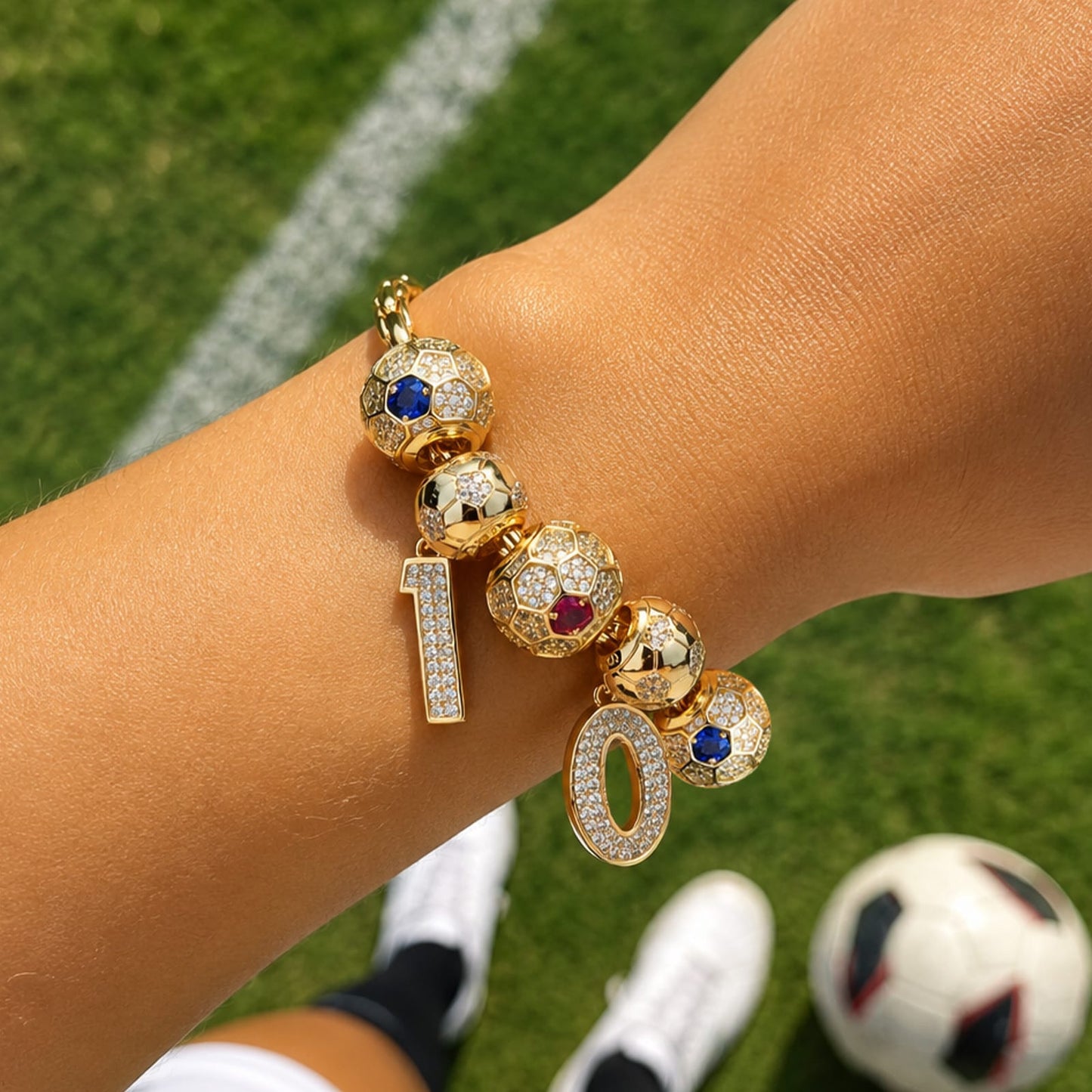 2026 Global Soccer Championship Custom 2-Digit Number Charm Bracelet Deluxe Set in Tarnish-Resistant Silver with 14K Gold Plating (Includes Bracelet And All Charms Shown)
