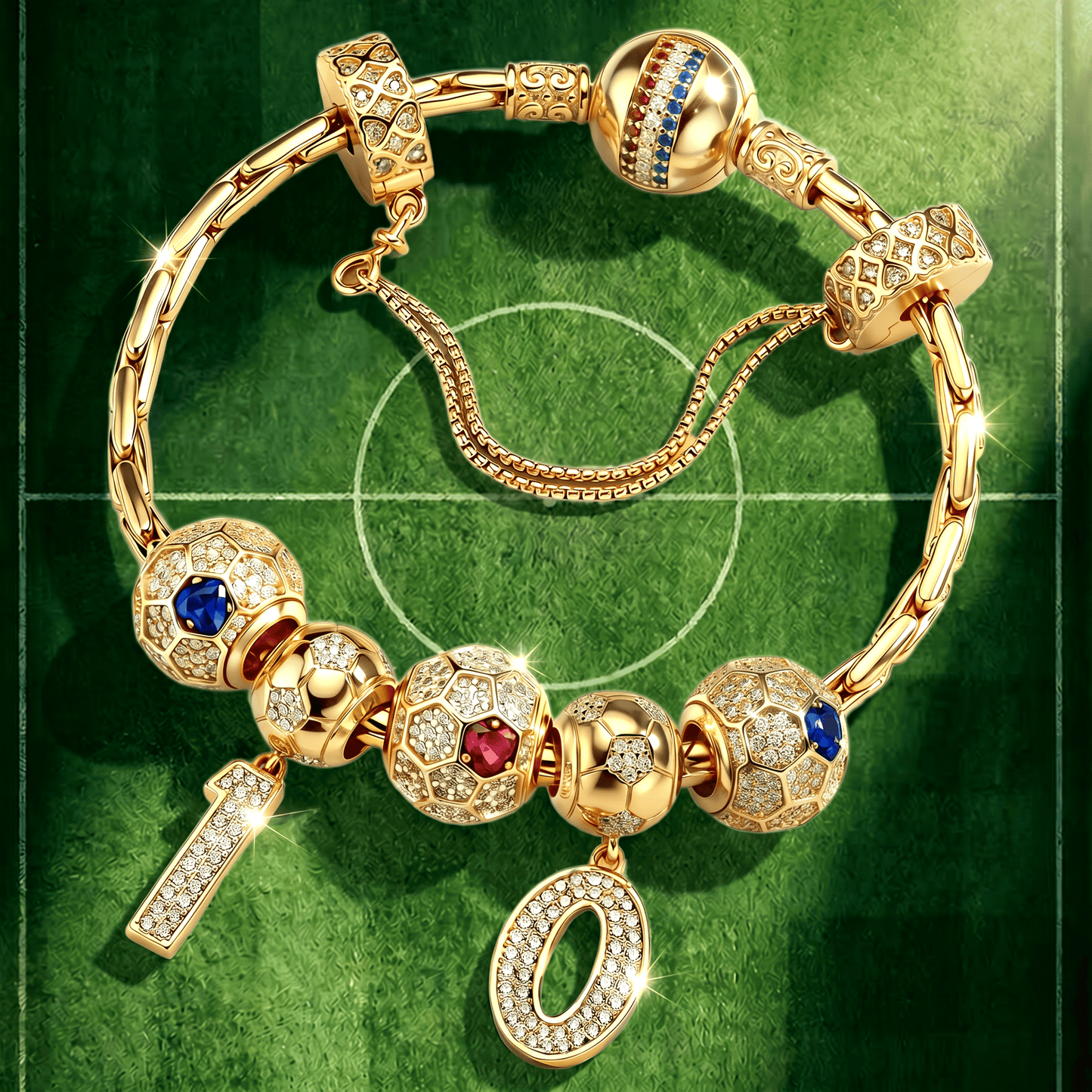 2026 Global Soccer Championship Custom 2-Digit Number Charm Bracelet Deluxe Set in Tarnish-Resistant Silver with 14K Gold Plating (Includes Bracelet And All Charms Shown)