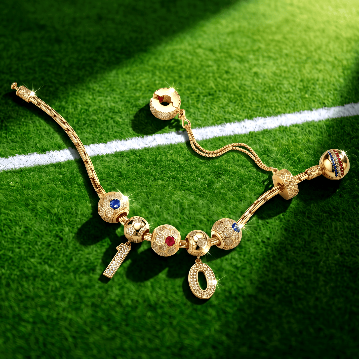 2026 Global Soccer Championship Custom 2-Digit Number Charm Bracelet Deluxe Set in Tarnish-Resistant Silver with 14K Gold Plating (Includes Bracelet And All Charms Shown)