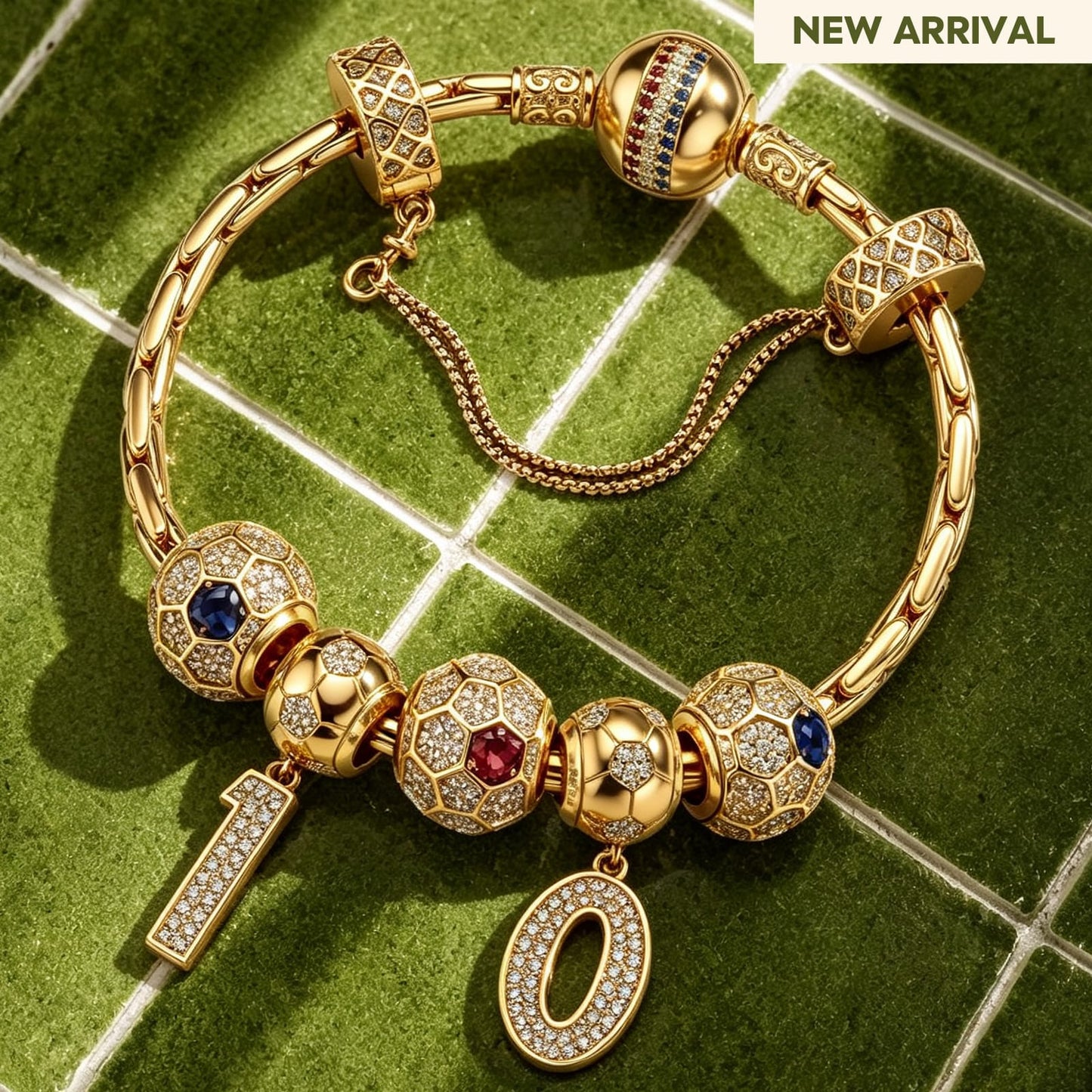 2026 Global Soccer Championship Custom 2-Digit Number Charm Bracelet Deluxe Set in Tarnish-Resistant Silver with 14K Gold Plating (Includes Bracelet And All Charms Shown)