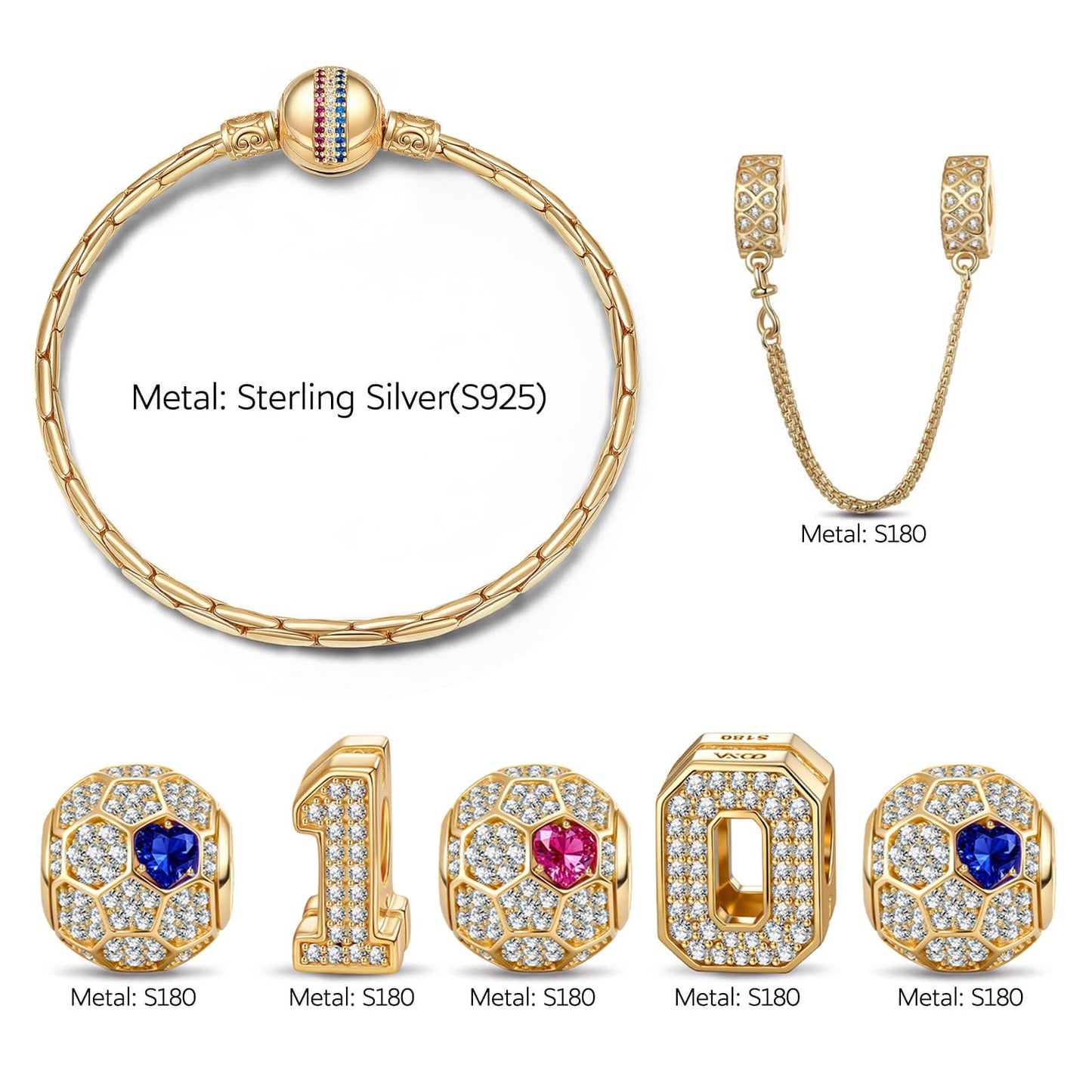 2026 Global Soccer Championship Custom 2-Digit Number Charm Bracelet Deluxe Set in Tarnish-Resistant Silver with 14K Gold Plating (Includes Bracelet And All Charms Shown)