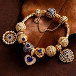 Sterling Silver Royal Heirloom Blue Heart & Sunburst Curated Charm Bracelet Set with 14K Gold Plating (Includes Bracelet And All Charms Shown)