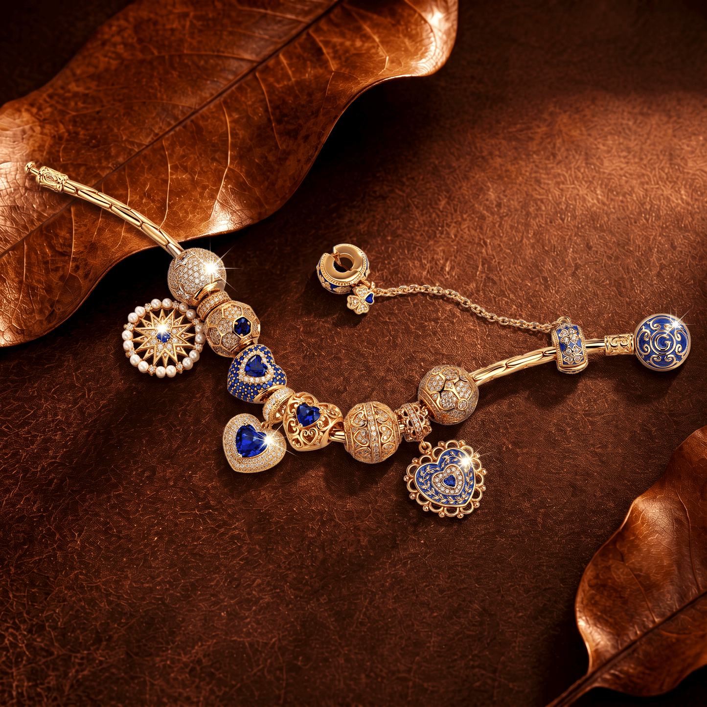 Sterling Silver Royal Heirloom Blue Heart & Sunburst Curated Charm Bracelet Set with 14K Gold Plating (Includes Bracelet And All Charms Shown)