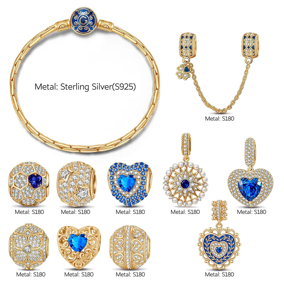 Sterling Silver Royal Heirloom Blue Heart & Sunburst Curated Charm Bracelet Set with 14K Gold Plating (Includes Bracelet And All Charms Shown)