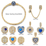 Sterling Silver Royal Heirloom Blue Heart & Sunburst Curated Charm Bracelet Set with 14K Gold Plating (Includes Bracelet And All Charms Shown)