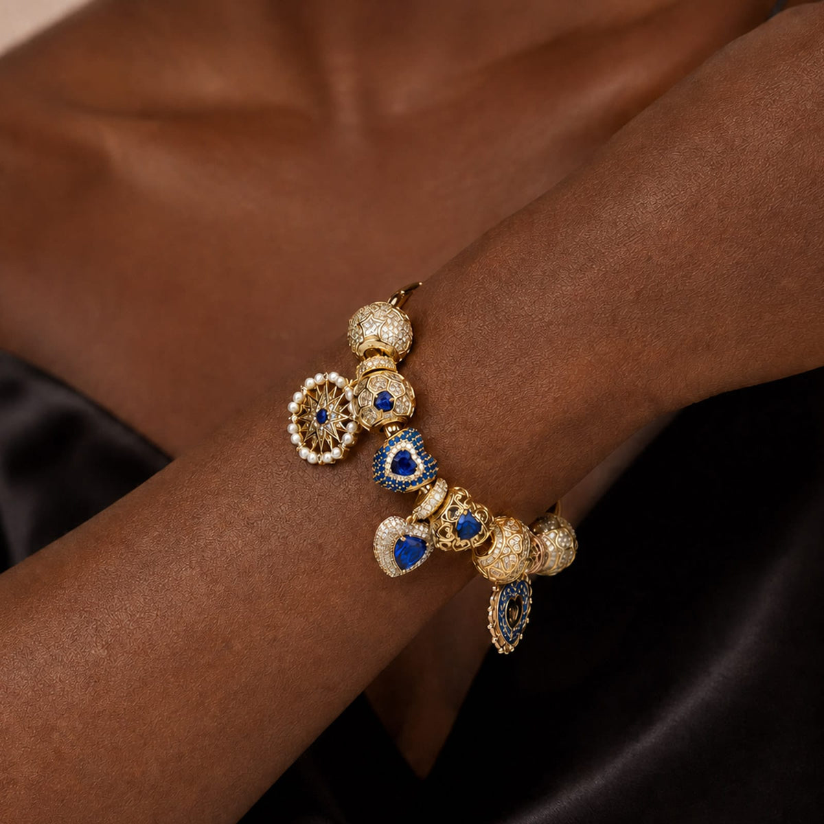 Sterling Silver Royal Heirloom Blue Heart & Sunburst Curated Charm Bracelet Set with 14K Gold Plating (Includes Bracelet And All Charms Shown)