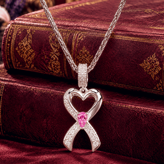 gona- Sterling Silver Heart Ribbon Rose Teardrop Pavé Curated Necklace Set with White Gold Plating (Includes Necklace And Pendant Shown)