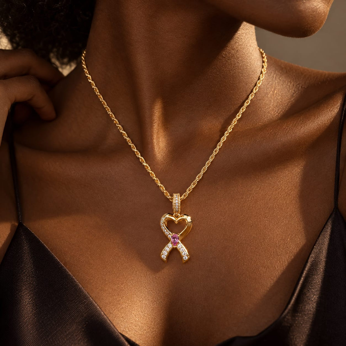 Sterling Silver Heart Ribbon Rose Teardrop Pavé Curated Necklace Set with 14K Gold Plating (Includes Necklace And Pendant Shown)