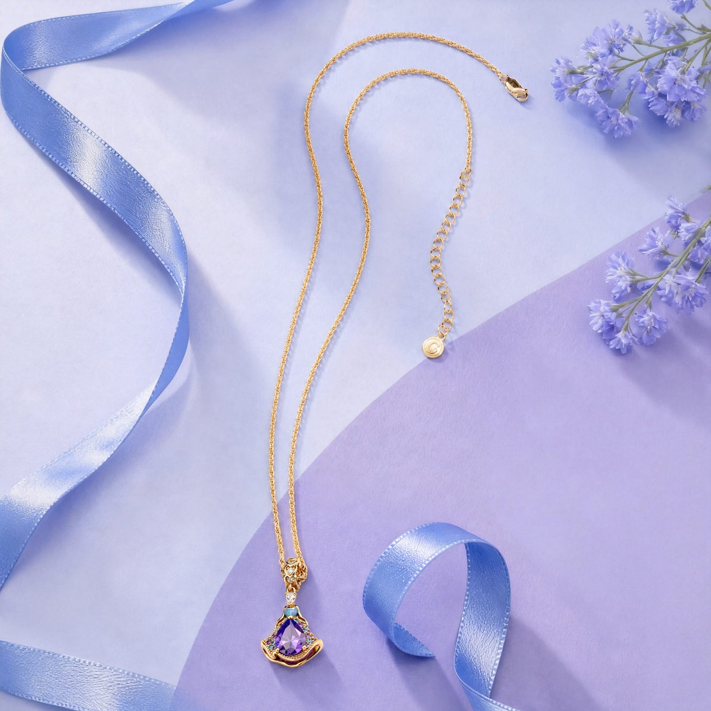 Sterling Silver Wonderland Fairy Dress Crystal Pendant Necklace In 14K Gold Plated