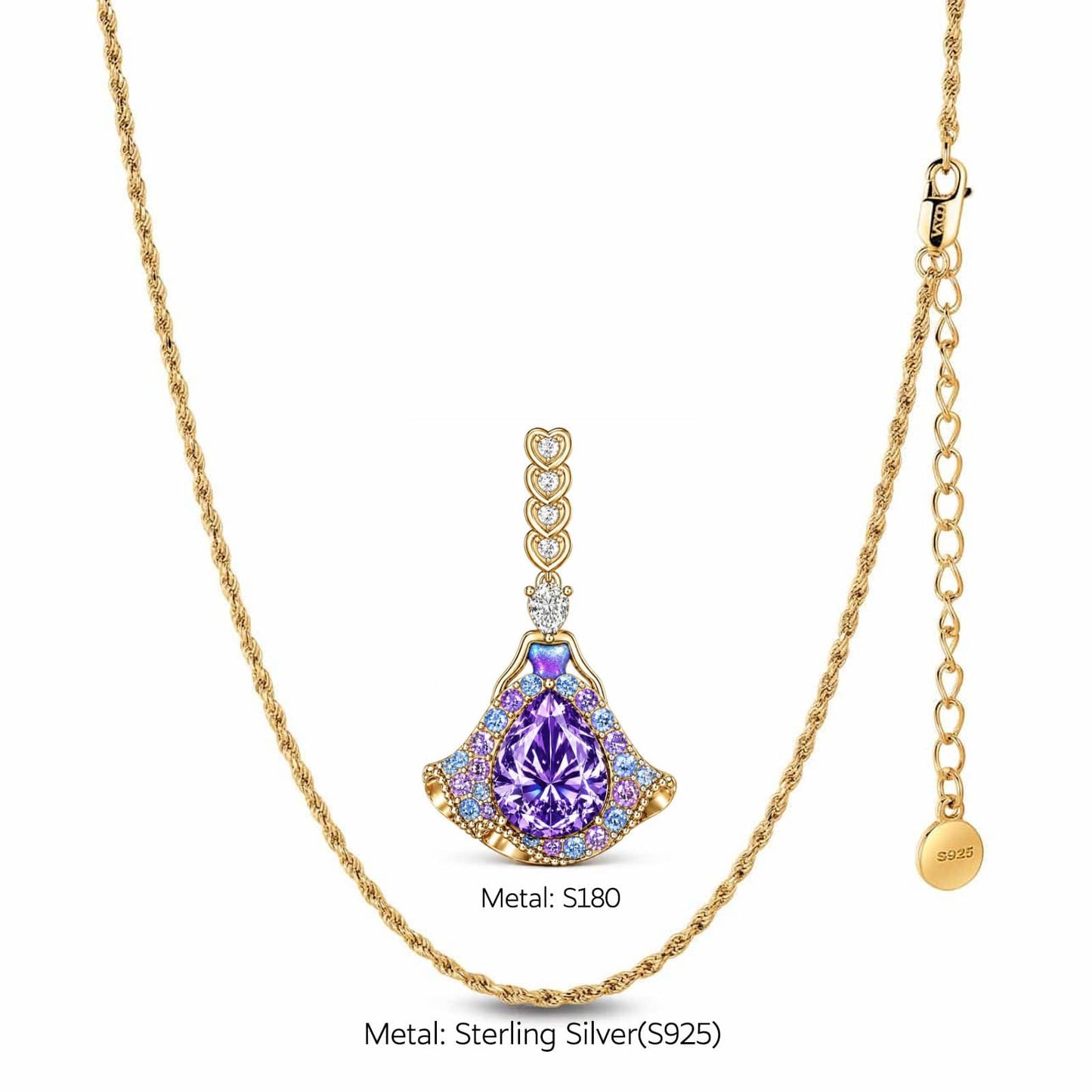 Sterling Silver Wonderland Fairy Dress Crystal Pendant Necklace In 14K Gold Plated