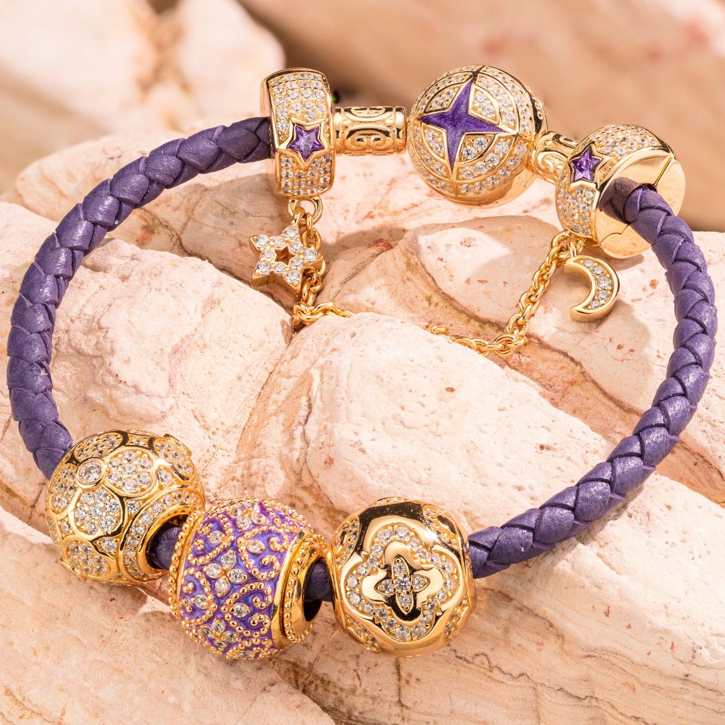 Sterling Silver Purple Luck Charms Bracelet Set With Enamel In 14K Gold Plated (Includes bracelet and all charms shown)