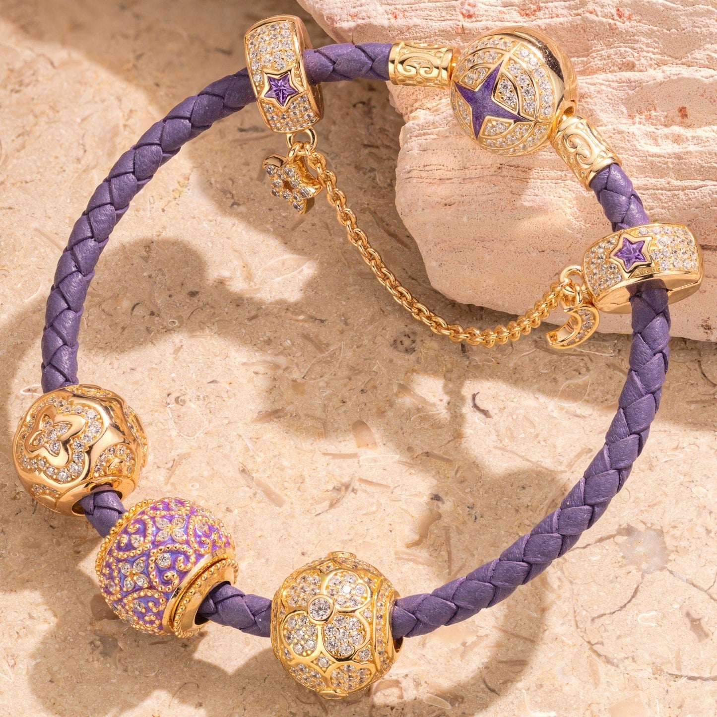 Sterling Silver Purple Luck Charms Bracelet Set With Enamel In 14K Gold Plated (Includes bracelet and all charms shown)