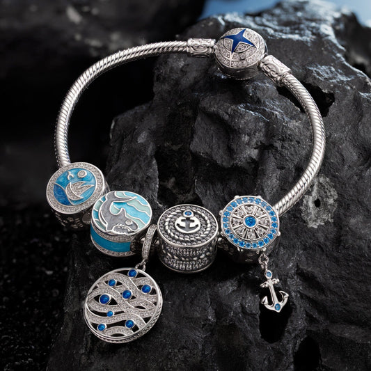 gon- Sterling Silver Island Adventures Charms Bracelet Set With Enamel In White Gold Plated (Includes bracelet and all charms shown)