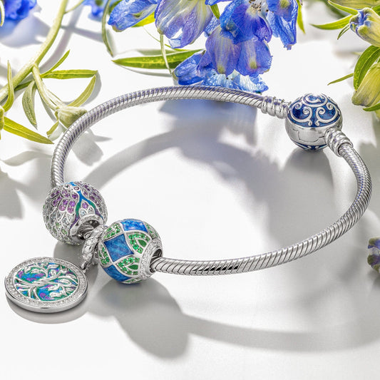 gon- Sterling Silver Tree of Rebirth Charms Bracelet Set With Enamel In White Gold Plated (Includes bracelet and all charms shown)