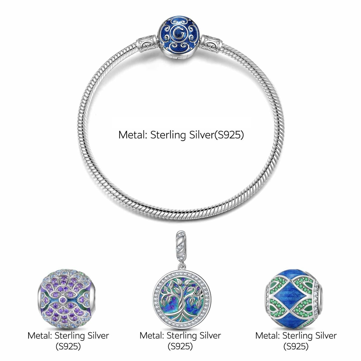 Sterling Silver Tree of Rebirth Charms Bracelet Set With Enamel In White Gold Plated (Includes bracelet and all charms shown)
