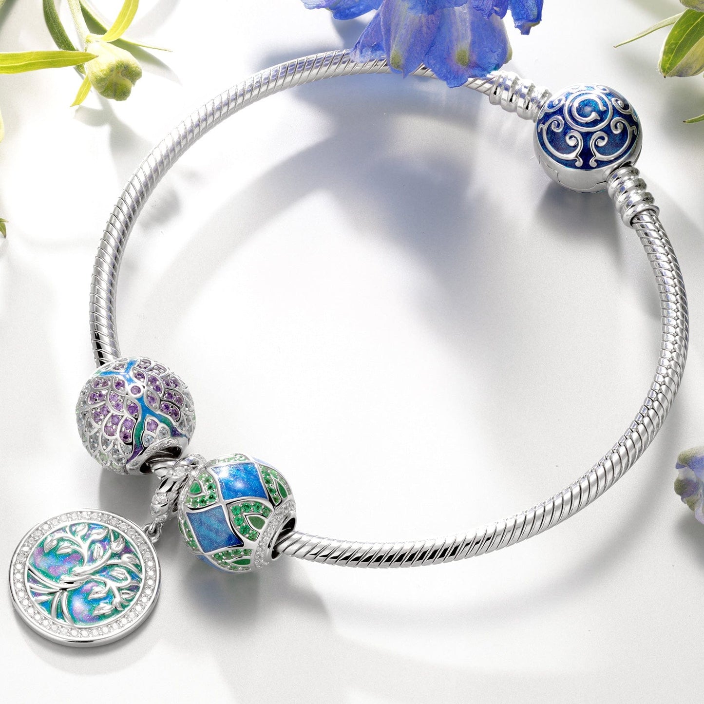 Sterling Silver Tree of Rebirth Charms Bracelet Set With Enamel In White Gold Plated