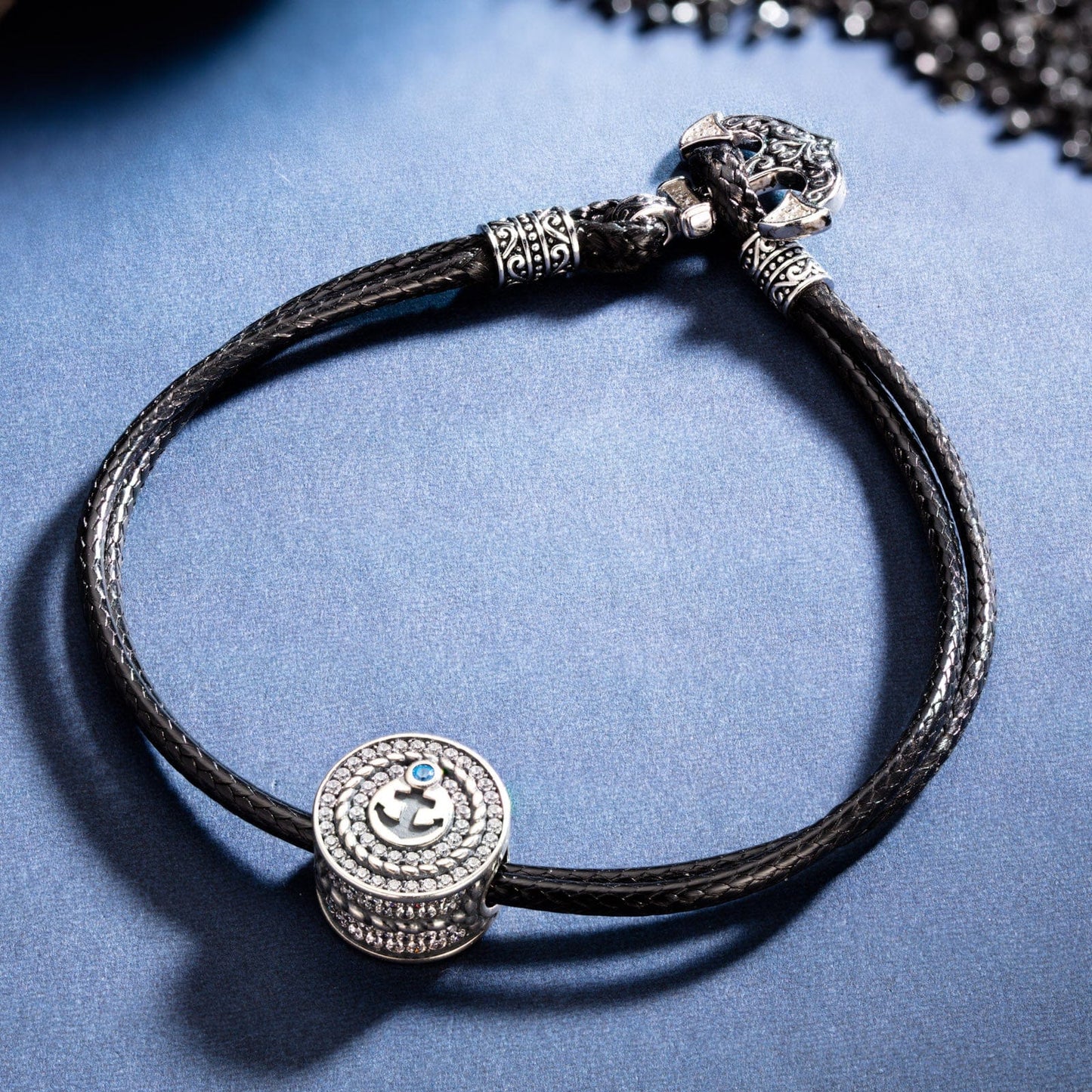 Sterling Silver Anchor Leather Charms Bracelet Set In Blackened 925 Sterling Silver Plated (Includes bracelet and all charms shown)