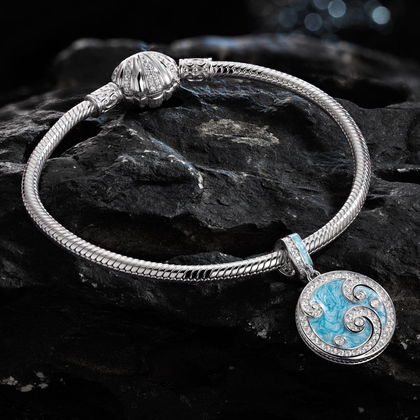 Sterling Silver Ocean Waves Charms Bracelet Set With Enamel In White Gold Plated (Includes bracelet and all charms shown)